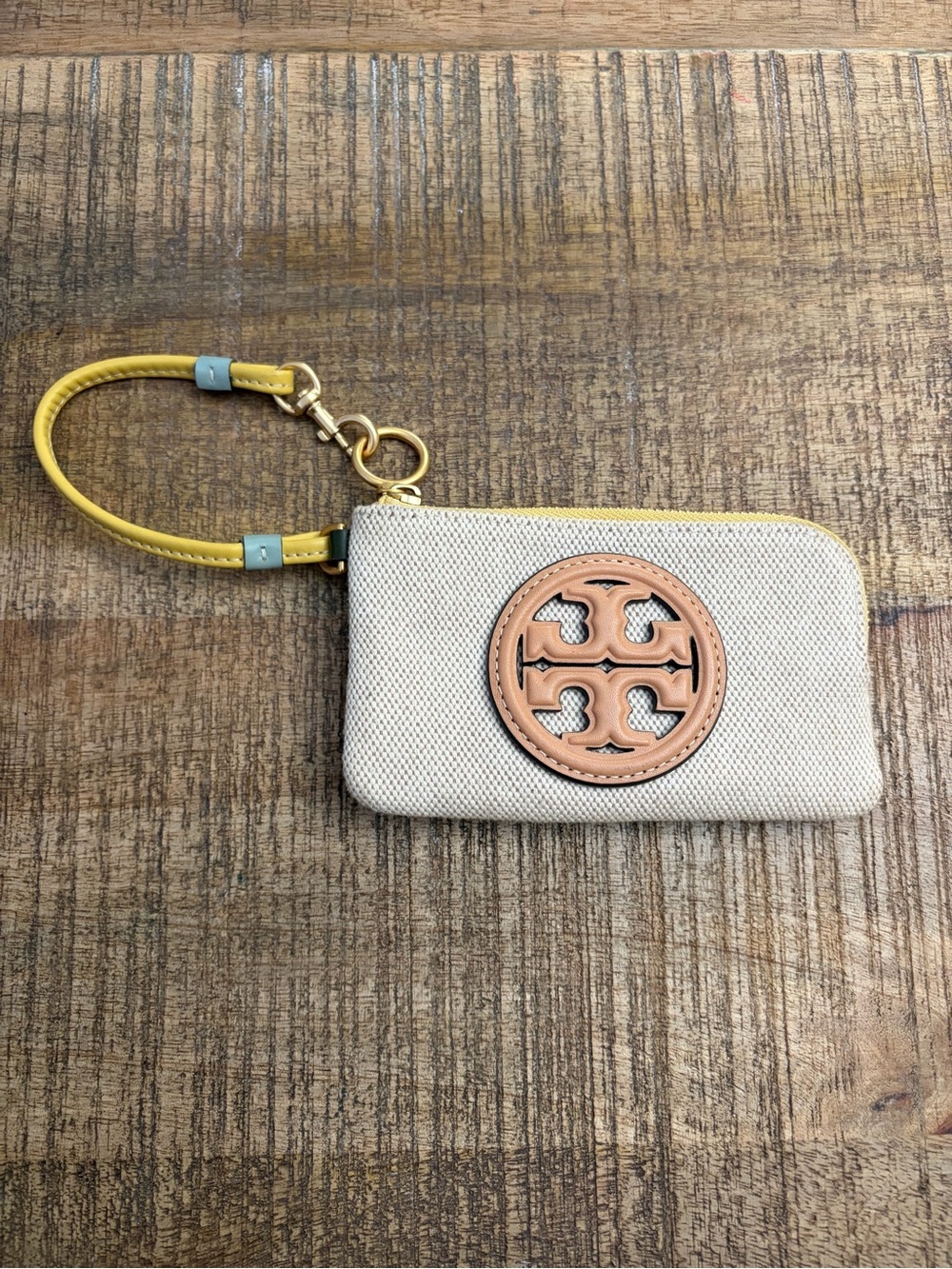 Tory Burch Beige Wristlet with Yellow Strap Tan Logo Colorful Leather Card Case